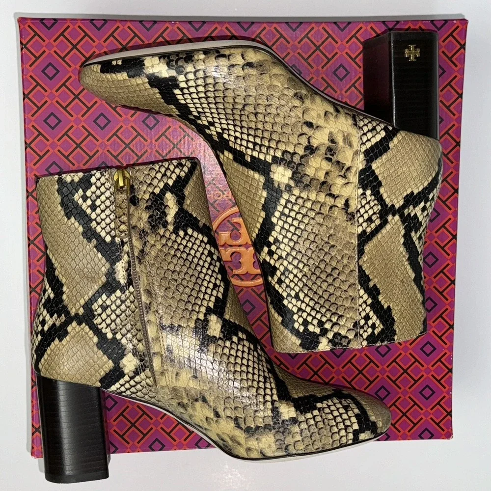 Tory Burch Brooke Bootie Ankle Boots 70MM Round Toe Leather Snake NEW Women's 6